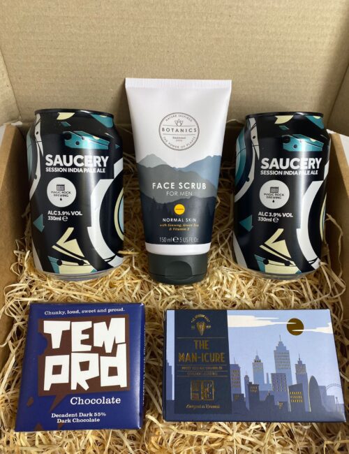 Dark Blue Hamper containing pale ale, chocolate, face scrub and a Man-icure nail grooming kit