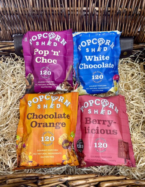 Chocolate Popcorn Hamper - including chocolate orange, berry-licious, white chocolate and Pop N Choc. All products are from popcorn shed